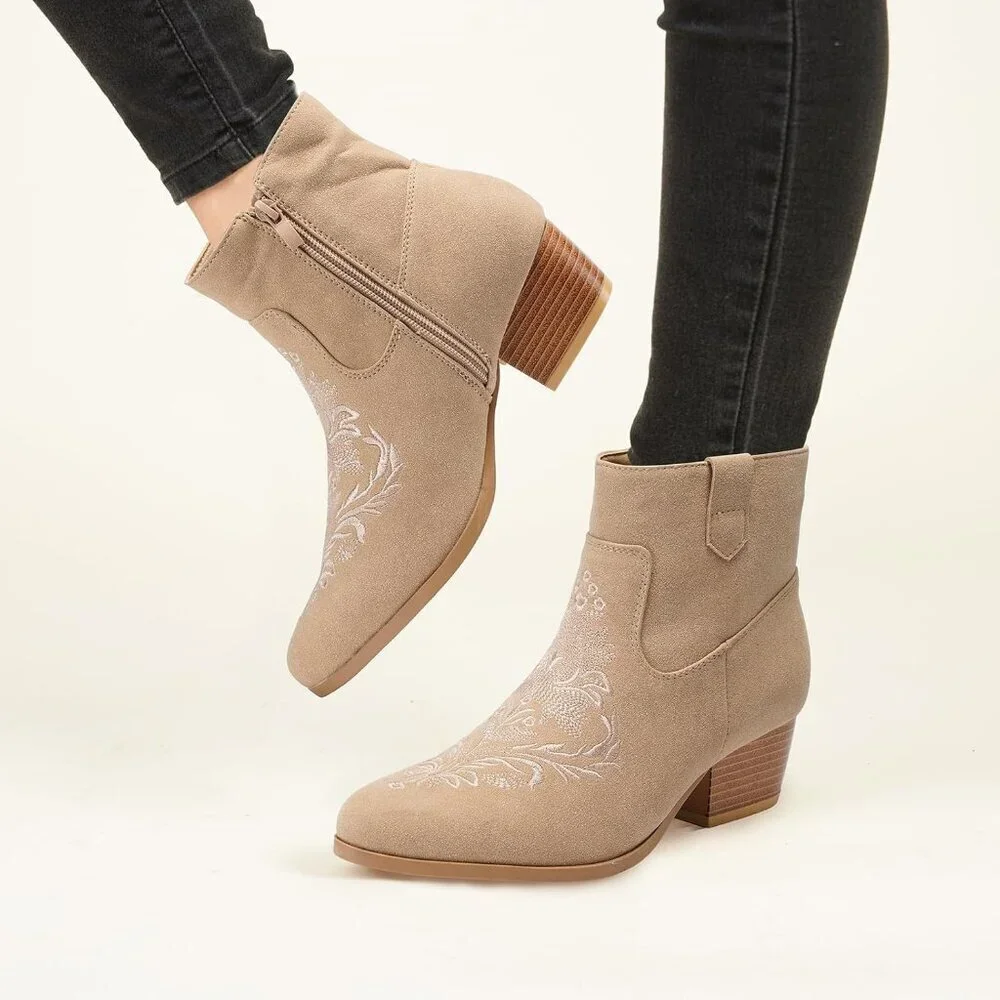 Women's Tan Classic Ankle Boots Low Block Heels Suede Chunky Fashion Booties - Picture 6 of 9